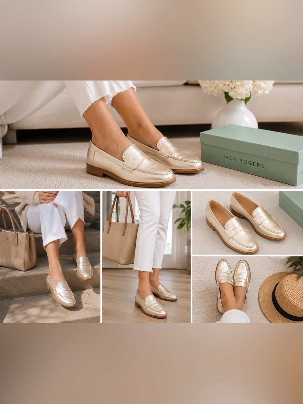 Jack Rogers Tipson Leather Penny Loafers Size 7 New in Box Color Platinum